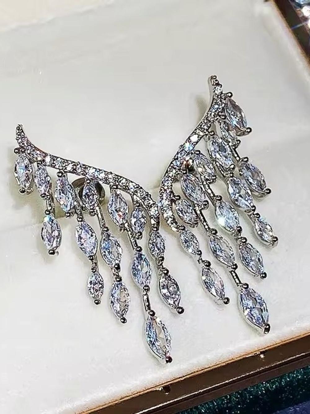 Silver Marquise Cascade Fringe Earrings - Clear - Picture 2 of 6